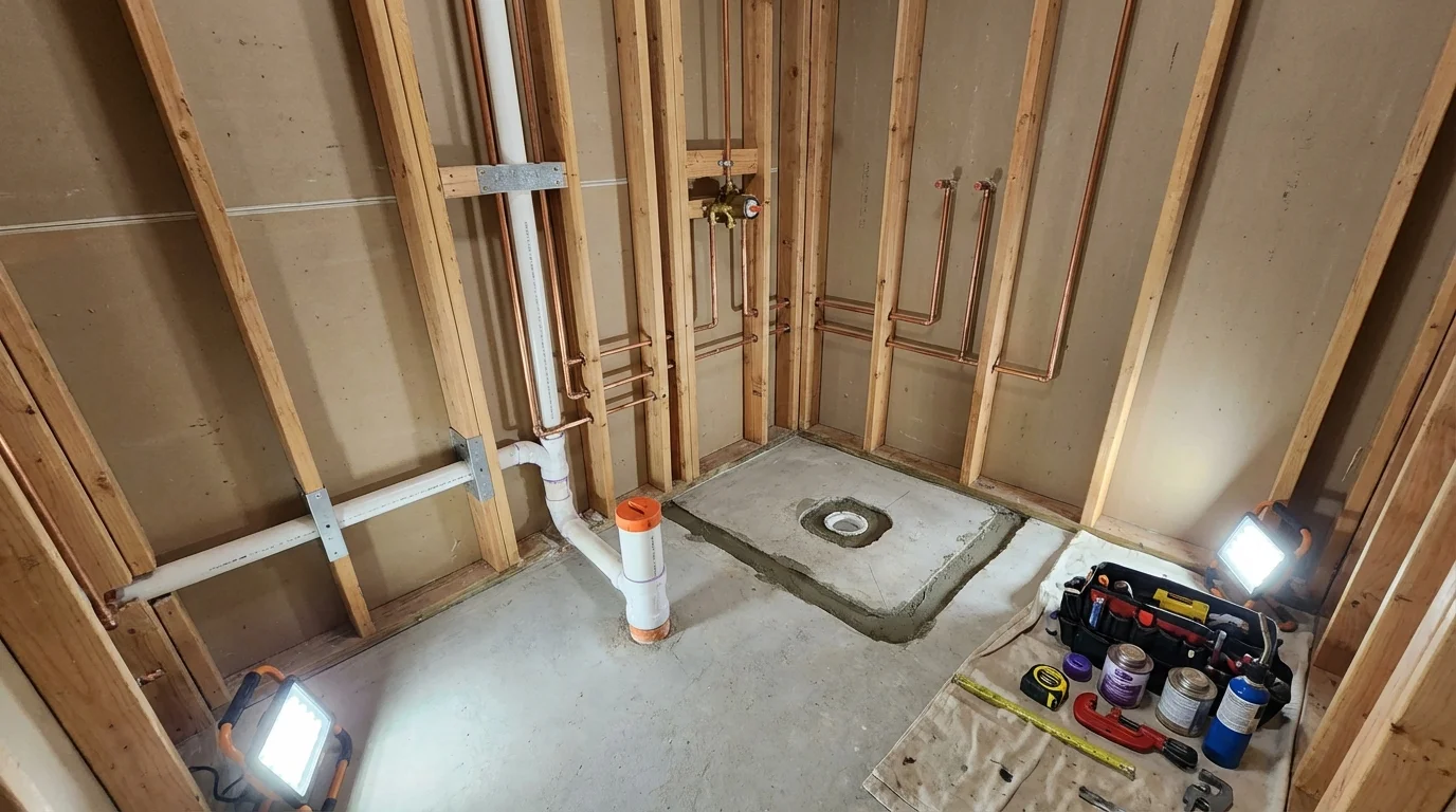 Bathroom rough-in plumbing during remodel by Johns Plumbing LLC in Pleasant Garden