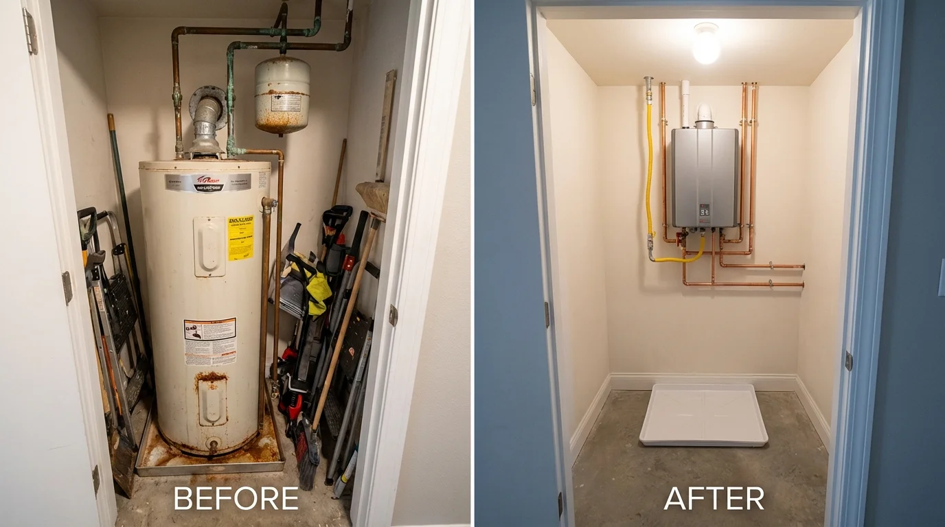 Tank water heater versus wall-mounted tankless unit comparison for Pleasant Garden, NC homeowners
