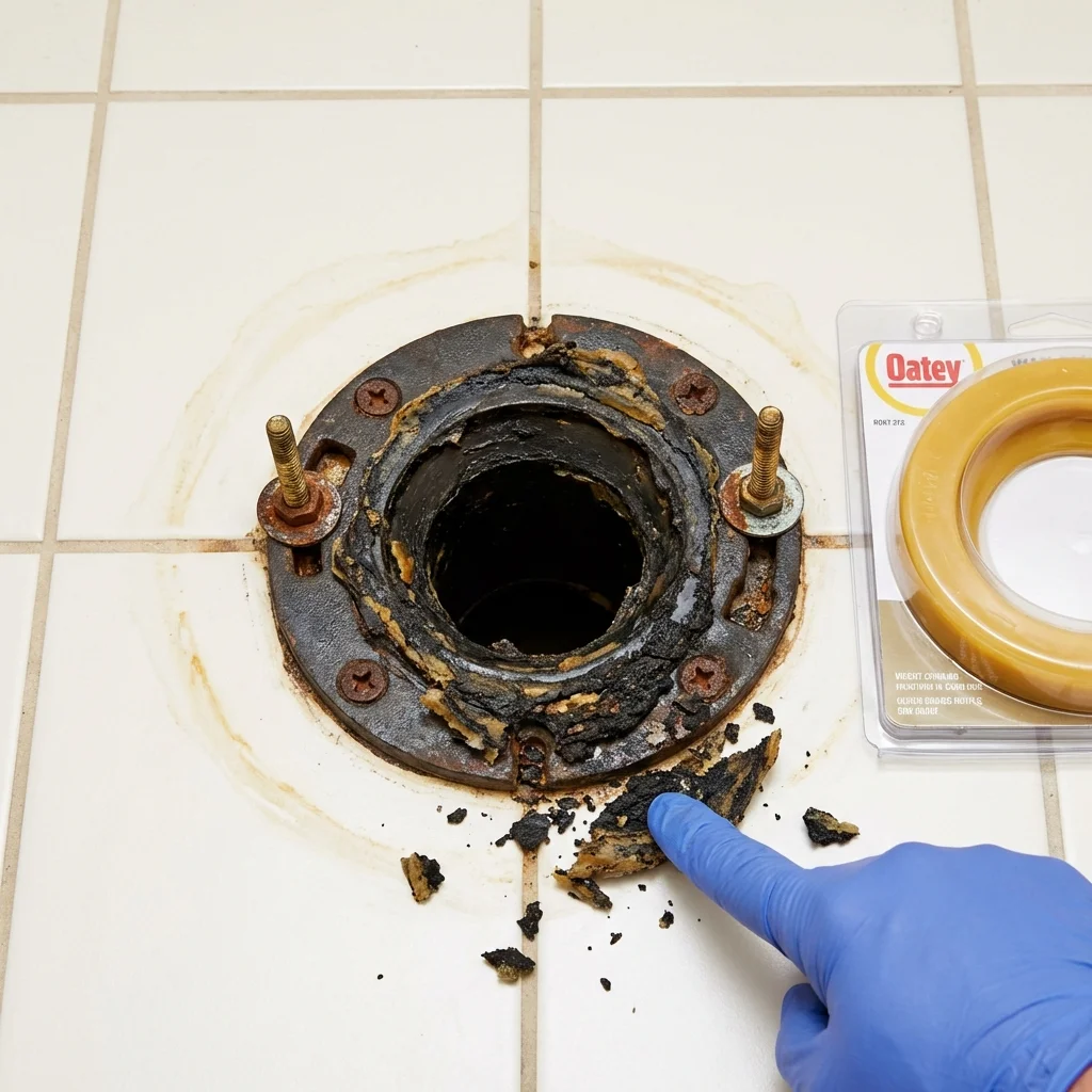 Failed wax ring showing water seepage at the base of a toilet in a Pleasant Garden, NC home