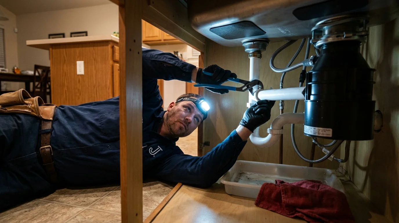 P-trap and supply line connections under a kitchen sink showing a common leak point in Pleasant Garden, NC